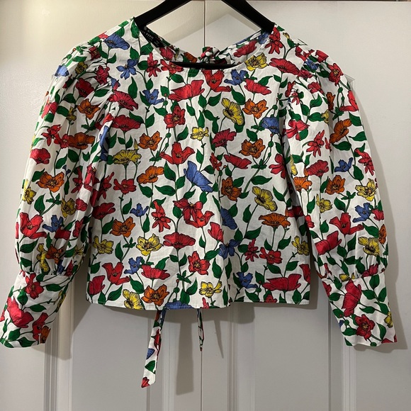 Zara Basics Floral Print Crop Poof Sleeve Bow Back Blouse. Size Small. - Picture 8 of 10